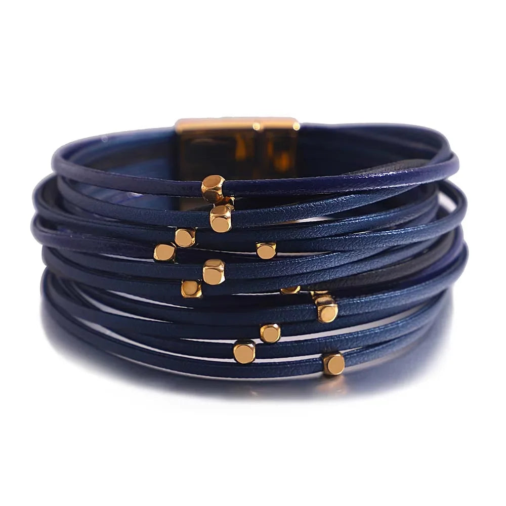 ALLYES Charm Triple Color Leather Bracelet for Women Bohemian Metal Beads Multilayer Thin Strip Wrap Bracelets Fashion Jewelry