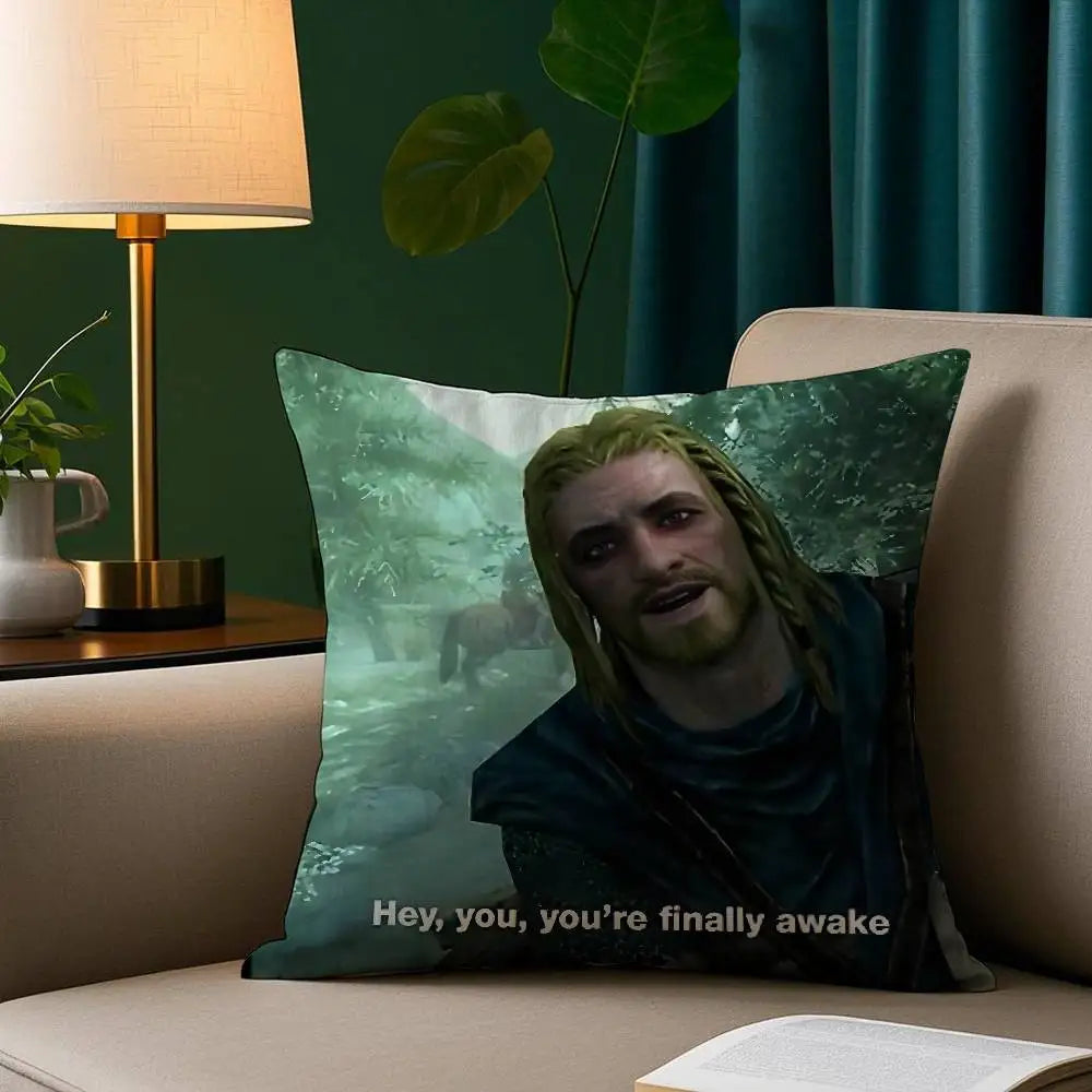 Hey You Youre Finally Awake Skyrim Meme Pillow Case Cozy Plush Pillow Cover Double Side Printed – Home Gift for Bedroom Decor