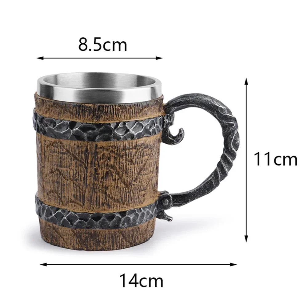 Viking Wood Style Beer Mug, Simulated Wooden Barrel Double Wall Metal Insulated Cup, 1Pc Bar Drinking Mug