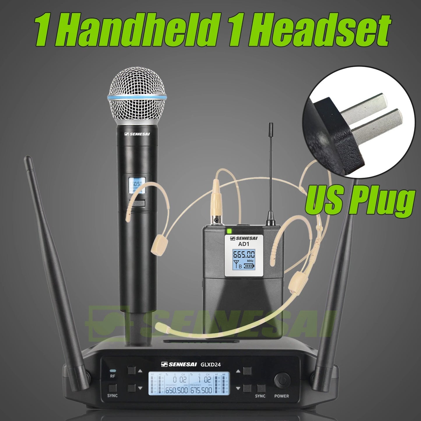 SENNESAI GLXD24 B58 Professional Dual Wireless Microphone 600-699MHz System Stage Performances UHF Dynamic 2 Channel Handheld