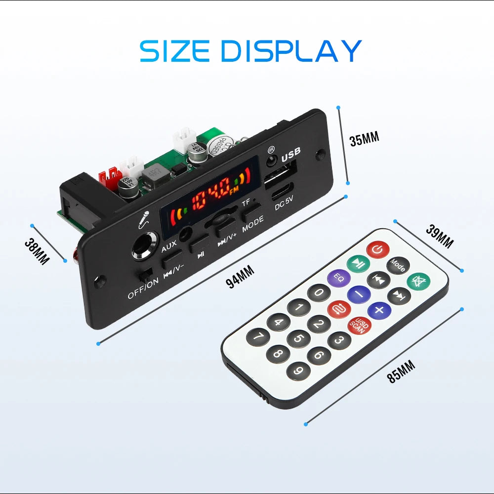 KEBIDU Bluetooth 5.0 MP3 Player With Mic 10W Amplifier WMA WAV APE Decoder Board Handsfree Car Audio Player USB AUX TF FM Radio