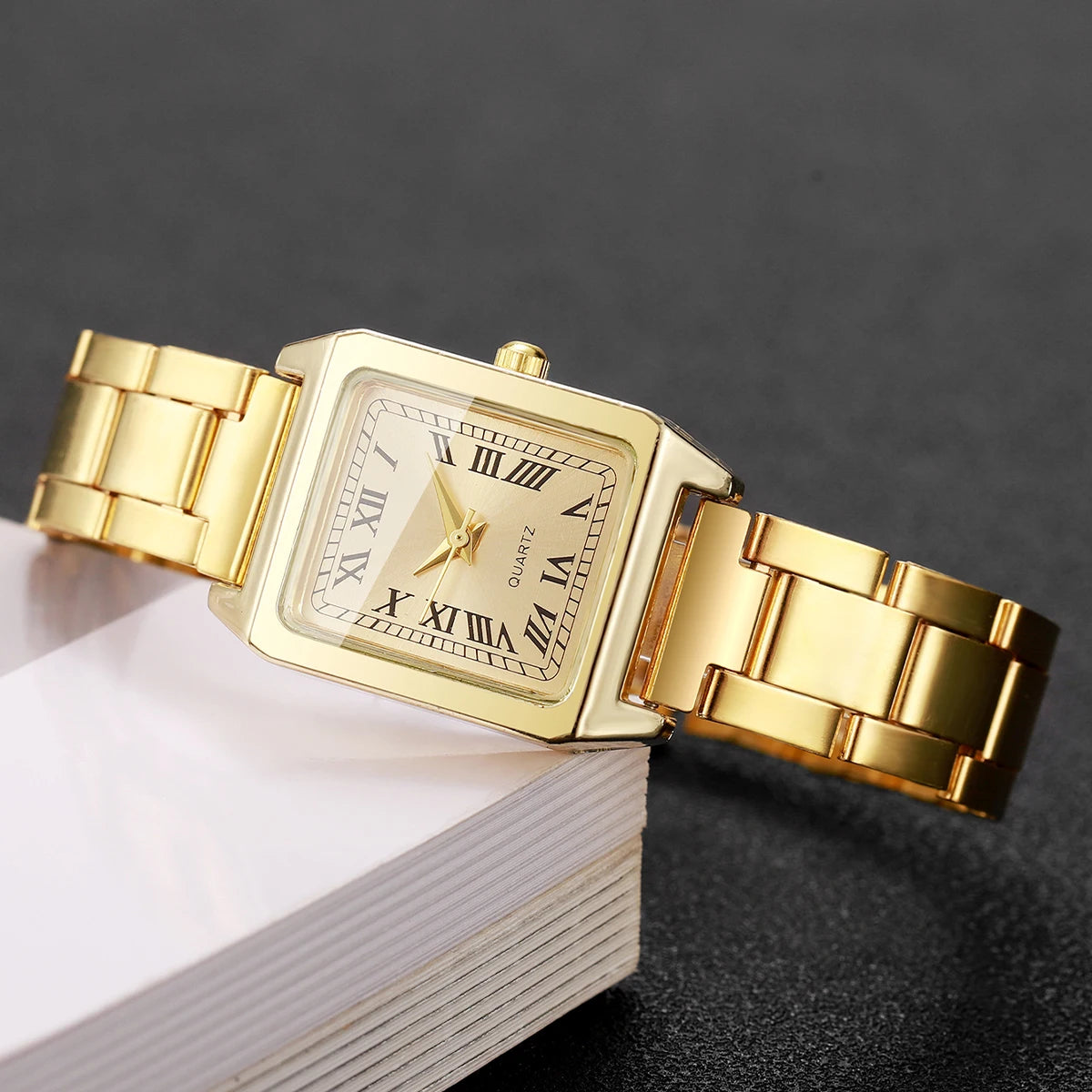 4PCS Elegant Women Square Roma Dial Quartz Watch Diamond Bracelets Set Luxury Alloy Strap Ladies Wristwatches (Without Box)