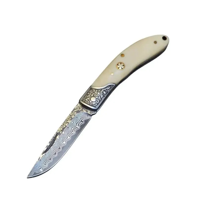 Damascus Steel Pocket Knife Cowbone Handle Outdoor Folding Knife High Hardness Wilderness Camping Survival and Self-Defense TOOL