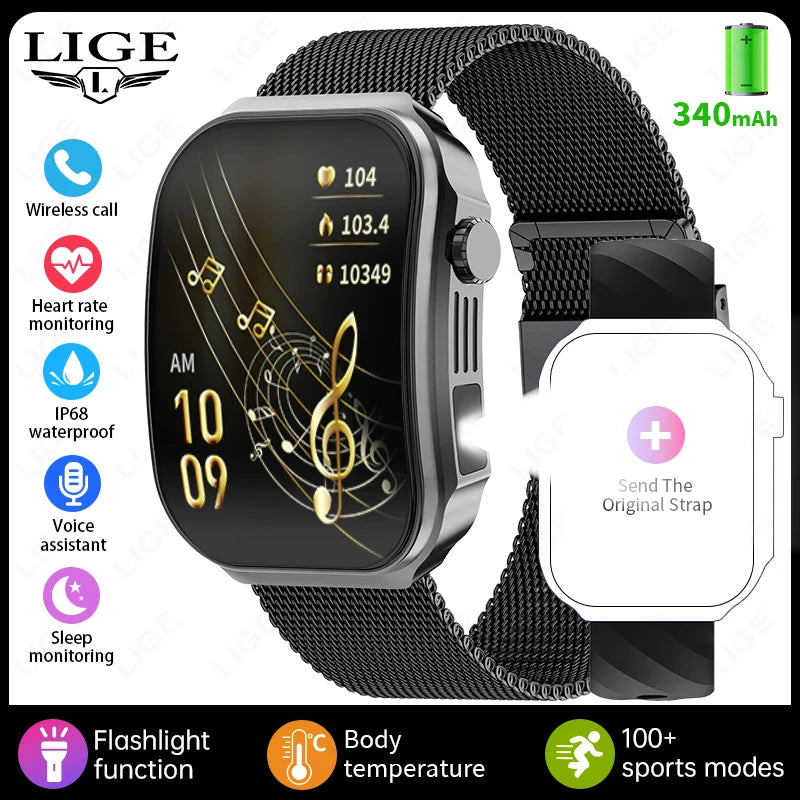 LIGE Nowy smartwatch z zakrzywionym ekranem 3D o przekątnej 2,2 cala z podświetleniem LED, termometrem, monitorem zdrowia, połączeniami BT i funkcjami sportowo-fitnessowymi