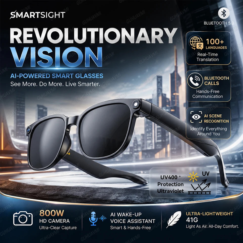 New HD 800W Camera Smart Glasses Men 100+Language Translation 1080P Shoot Video WIFI Transmission 3D Music Call Sunglass Glasses
