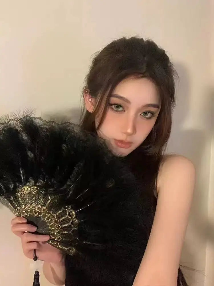 Black feather fan, 1920s hand fan, lace retro feather fan, lace feather fan, 1920s women's clothing, dance performance, wedding