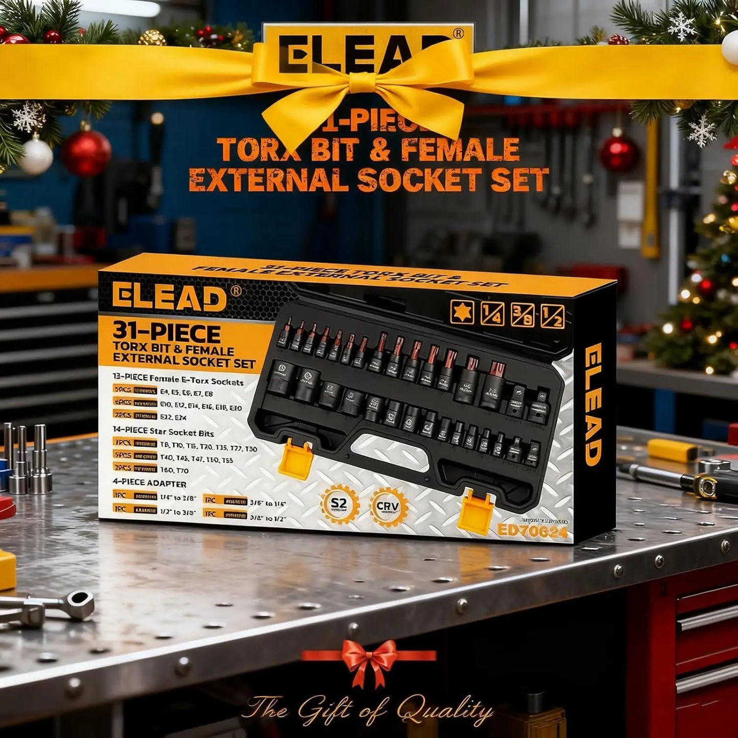 ELEAD 31 szt. zestaw nasadek bitowych Torx premium ze stali stopowej CR-V i S2, gwiazdkowe T8-T70 i E-Torx E4-E24, wysoki moment obrotowy, grawerowane laserowo
