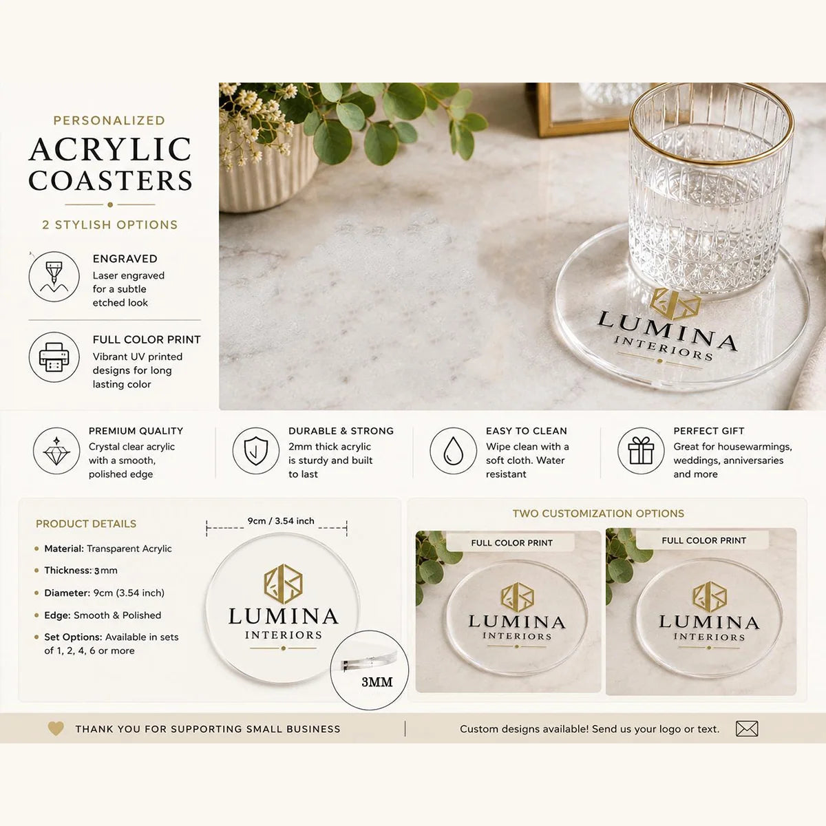 Custom Logo Clear Acrylic Round Coaster, Full Color Printed Business Drink Coaster