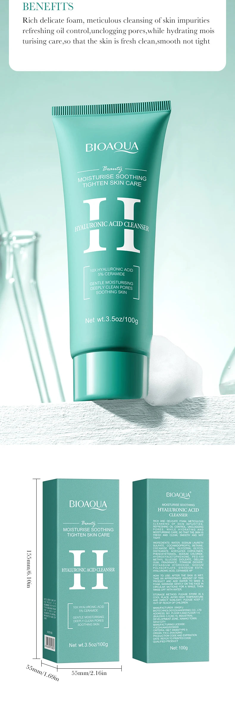 BIOAQUA Hyaluronic Acid Facial Cleanser Anti-aging Face Wash Foam Deep Moisturizing Pore Cleansing Daily Skin Care