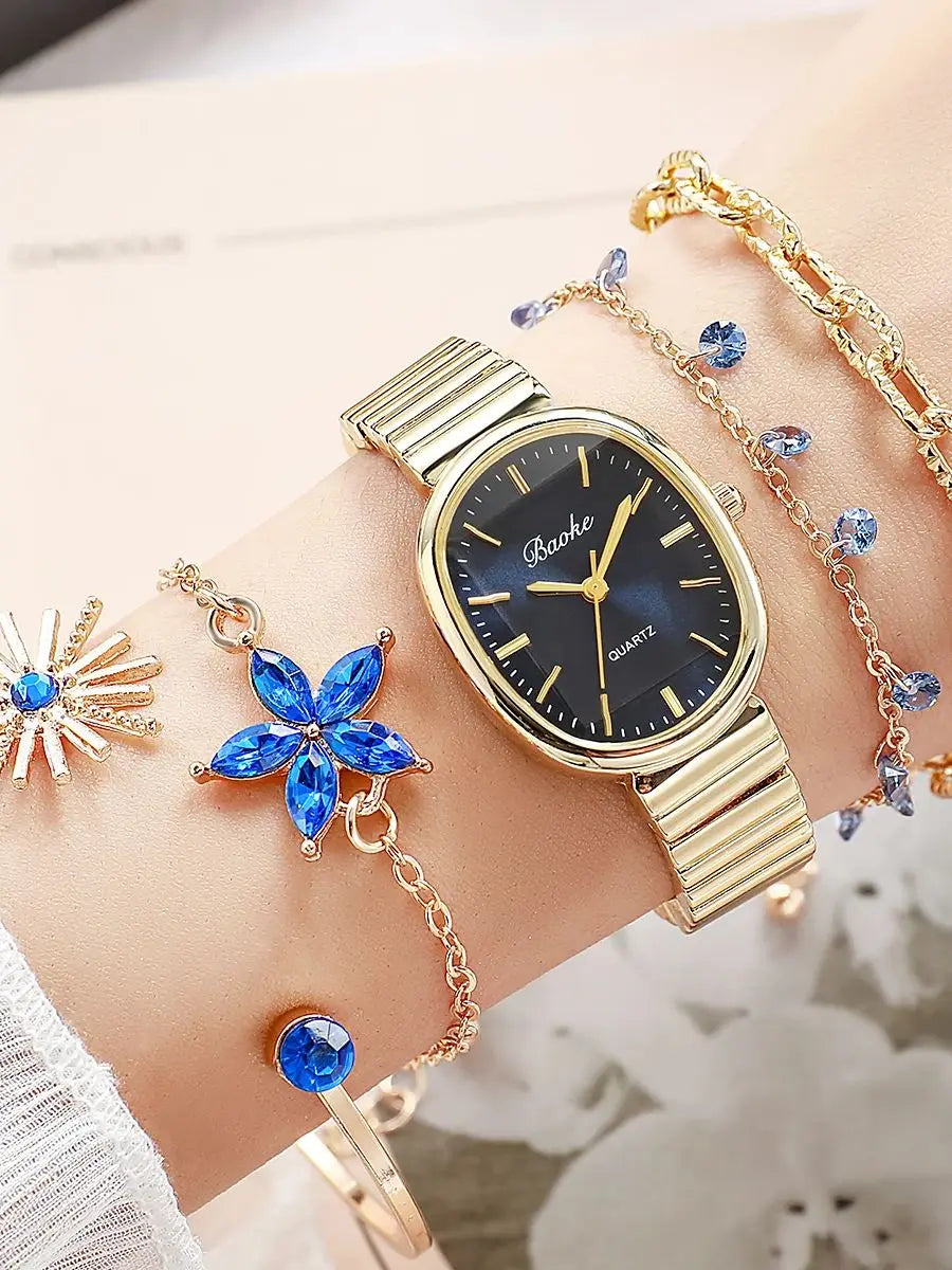 Elegant Blue Gem Gold Watch & Jewelry Set - Oval Navy Dial Quartz Watch, Starflower & Teardrop Crystal Bracelets, Sunburst & Rou