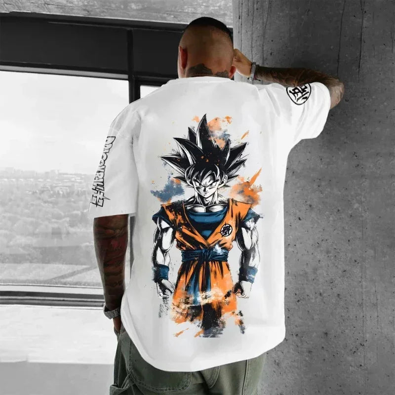 2026 Summer Dragon Ball Oversized T-shirt High Quality 100% Cotton Kid Goku with Power Pole Line Art Print UnisexCasual Y2K