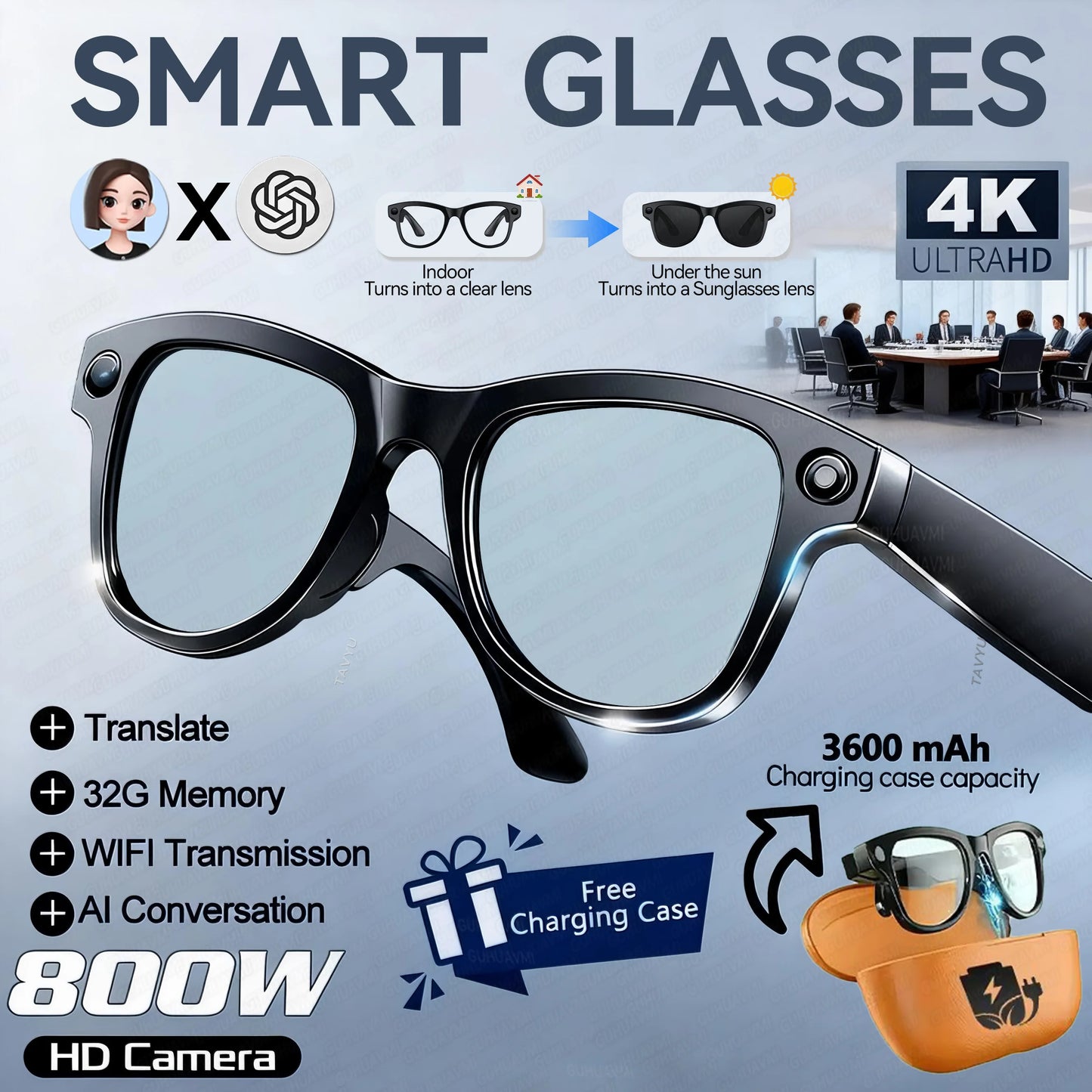 2026 Nowe okulary Smart z pamięcią 32G, kamerą 800W 4K, do zdjęć i filmów dla mężczyzn, power bank 3600mAh, tłumaczenie na 120+ języków, okulary AI dla kobiet