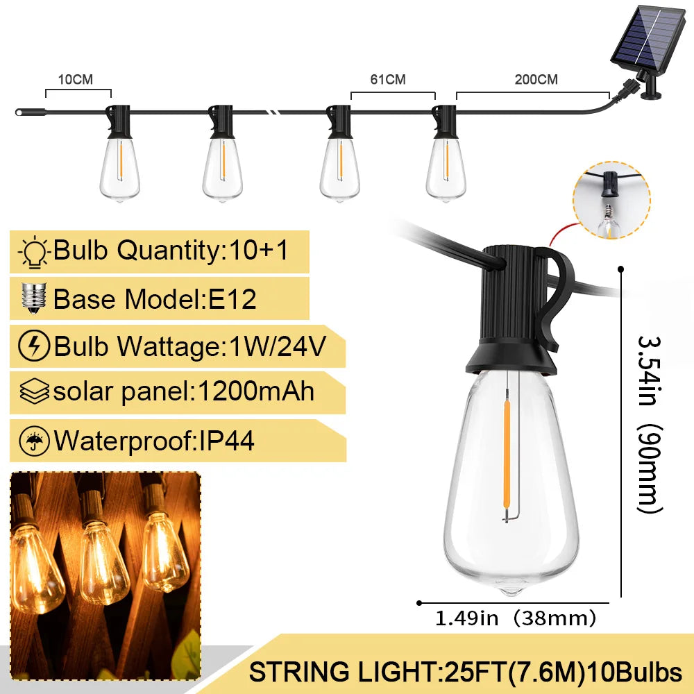 10M 18M 30M Solar String Light ST38 Led Filament Bulb 24V Shatterproof Solar Festoon Garland For Patio Party Garden Decorection
