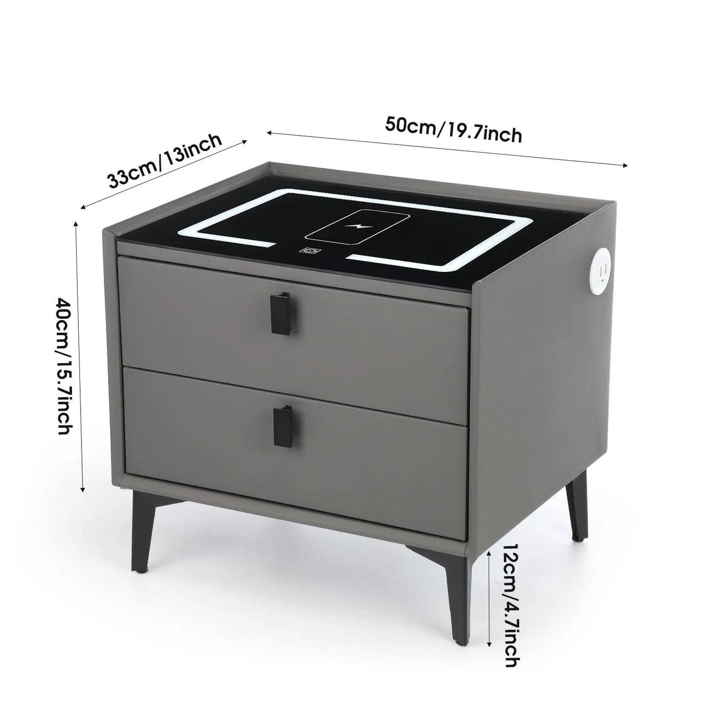 1Pcs Gray Bedside Table with Wireless Charging & USB Charging Station, Led Bedside Table with 2 Drawers, Smart Nightstand Organizer for Bedroom Use