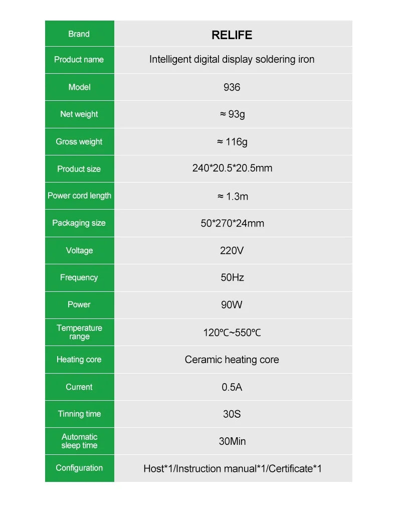 RELIFE 936 90W Intelligent Digital Display Portable Soldering Iron 120~550℃ Adjustable Supports 900M Series Soldering Iron Tips