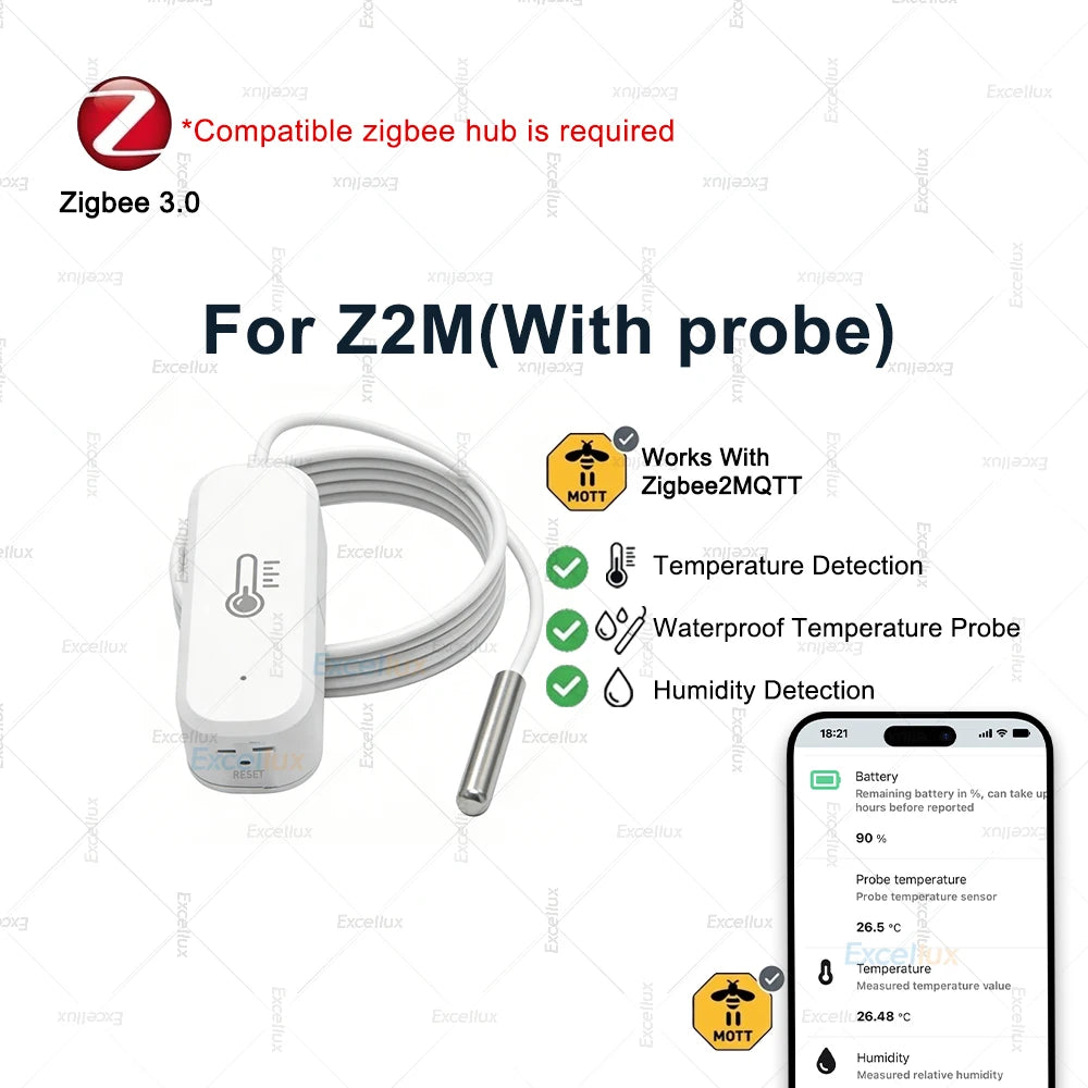 Zigbee 3.0 Temperature Humidity Sensor With External Temp Probe Smart Thermo Hygrometer For Plants Aquarium Freezer Need Gateway