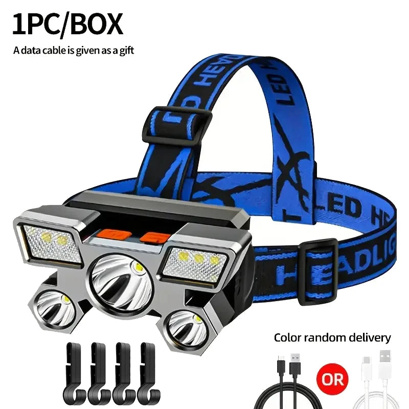 5*LED High Power Headlamp, Super Bright Rechargeable Fishing Camping Light, Long Distance Head Mounted Mining Lamp, Flashlight