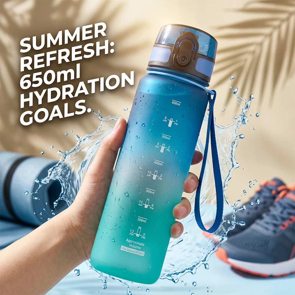 650ML Gradient Sports Water Bottle with Time Marker Large Capacity Leakproof Drinking Cup Summer Outdoor Fitness Travel Tumbler
