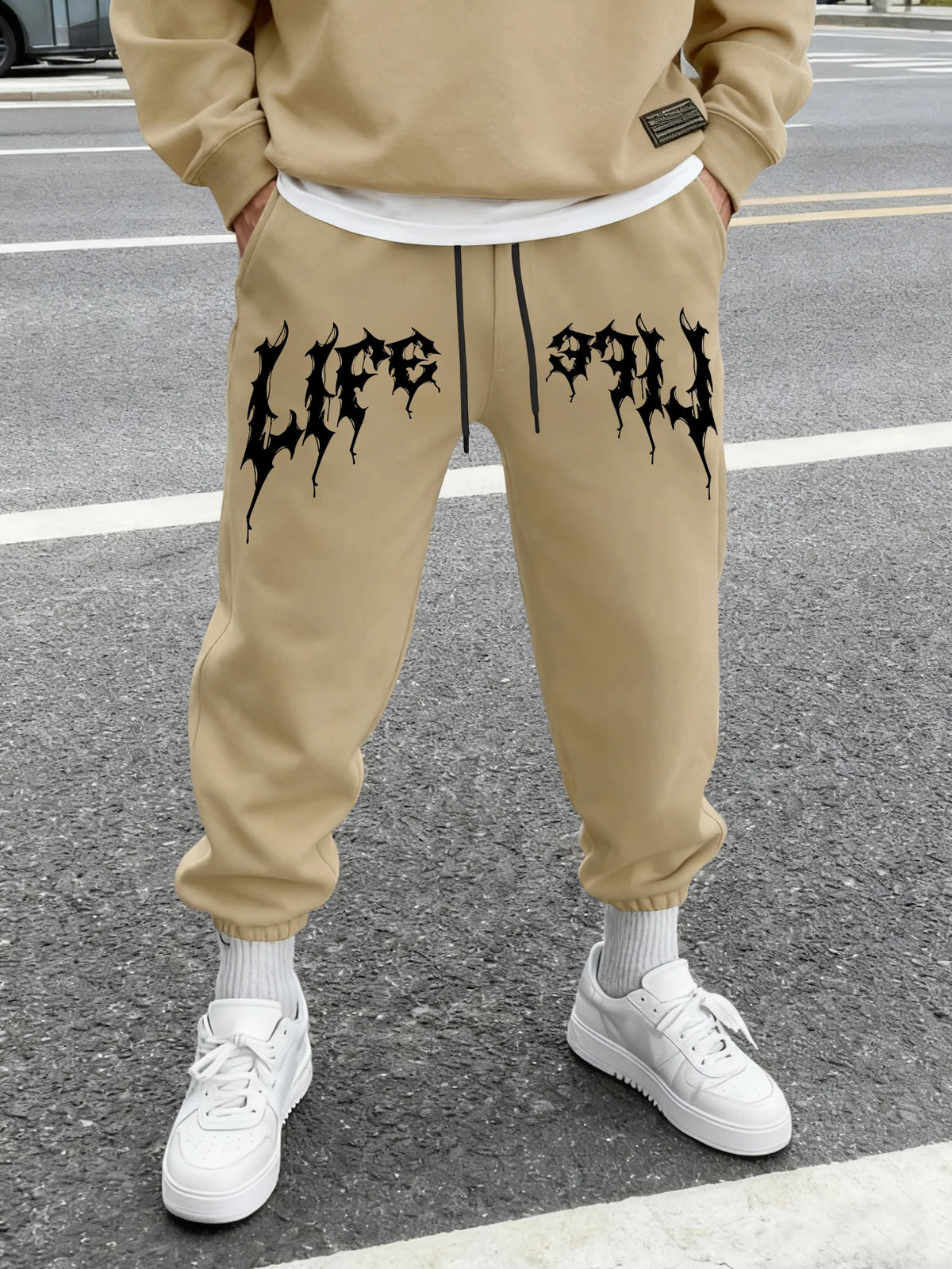 Men's Aesthetic Dark Gothic Letter Art Print Sweatpants Elastic Waist Joggers Cozy Goth Daily Street Fashion Bottoms