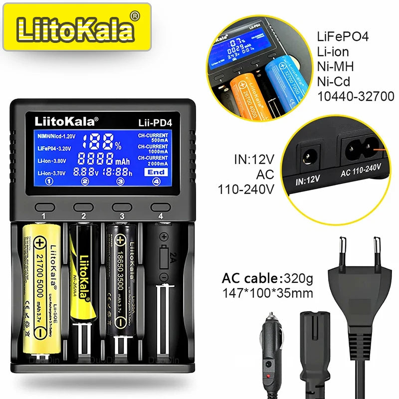 Ładowarka sieciowa LiitoKala Lii-PD4/PD2 LCD, szybkie ładowanie, 4/2 gniazda na akumulatory 21700/18650/AA/AAA, wielokrotne zabezpieczenia, automatyczne wykrywanie