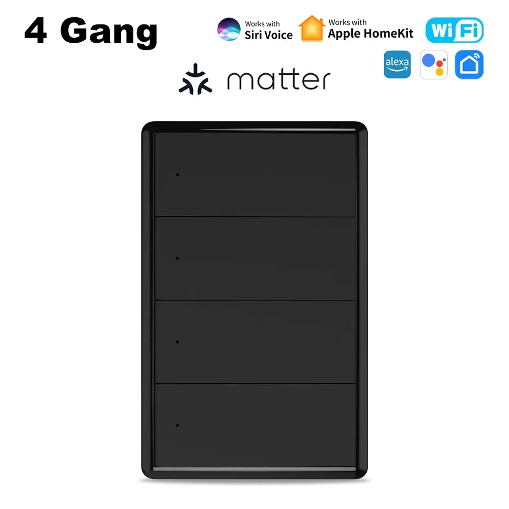 Manhot Matter WiFi Smart Wall Light Switch 1 2 3 4 Gangs with Neutral Wire Push Physical Light Switches work with Homekit App