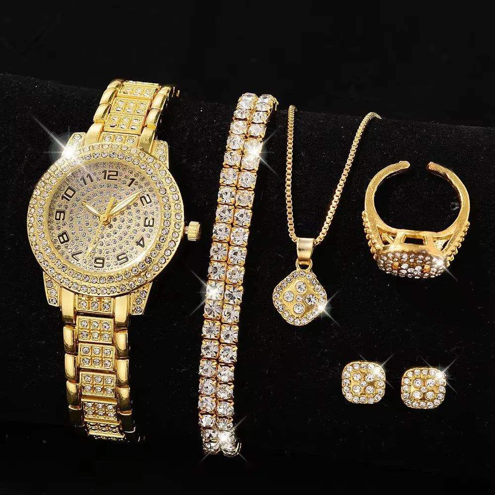 2pcs/set Luxury Women Gold Watch Fashion Ladies Quartz Diamond Wristwatch Elegant Female Bracelet Watches Set
