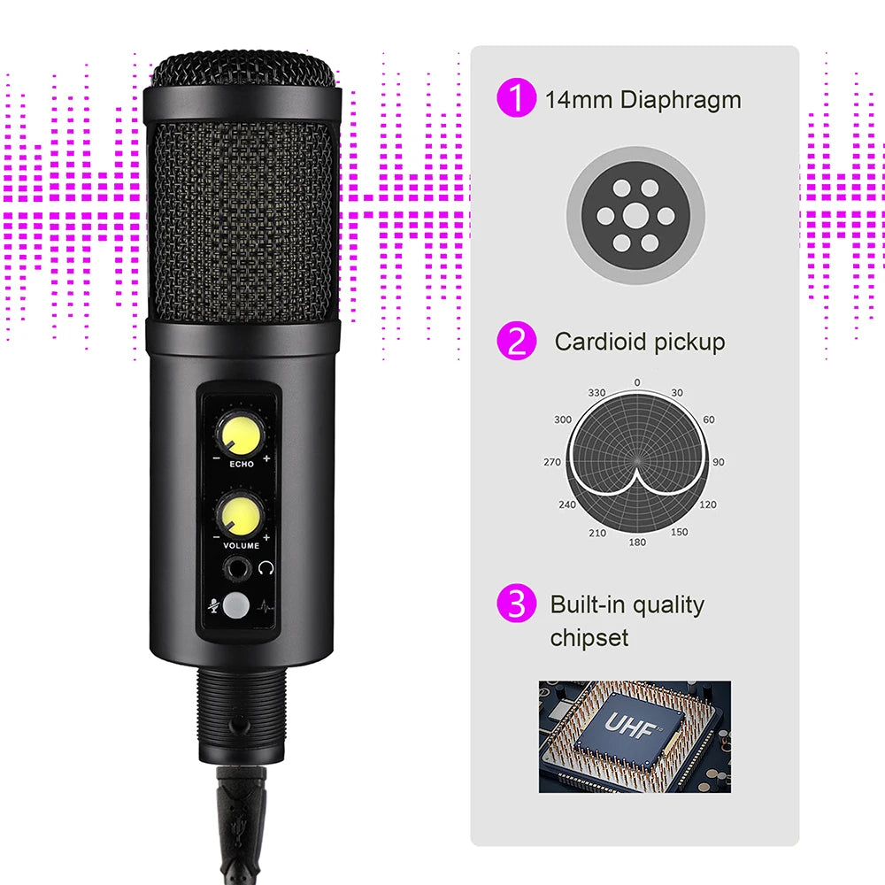 Metal USB Microphone,with Headphone Output,Volume and Echo Control,Mute Button,Condenser Gaming Mic for PC/Laptop,for Singing