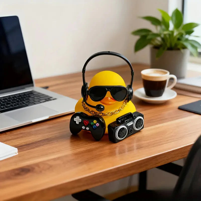 Adorable Gaming Duck Figurine With Headset & Sunglasses Funny Desk Decor for Home Office Car Dashboard Gamer Room Unique Gifts