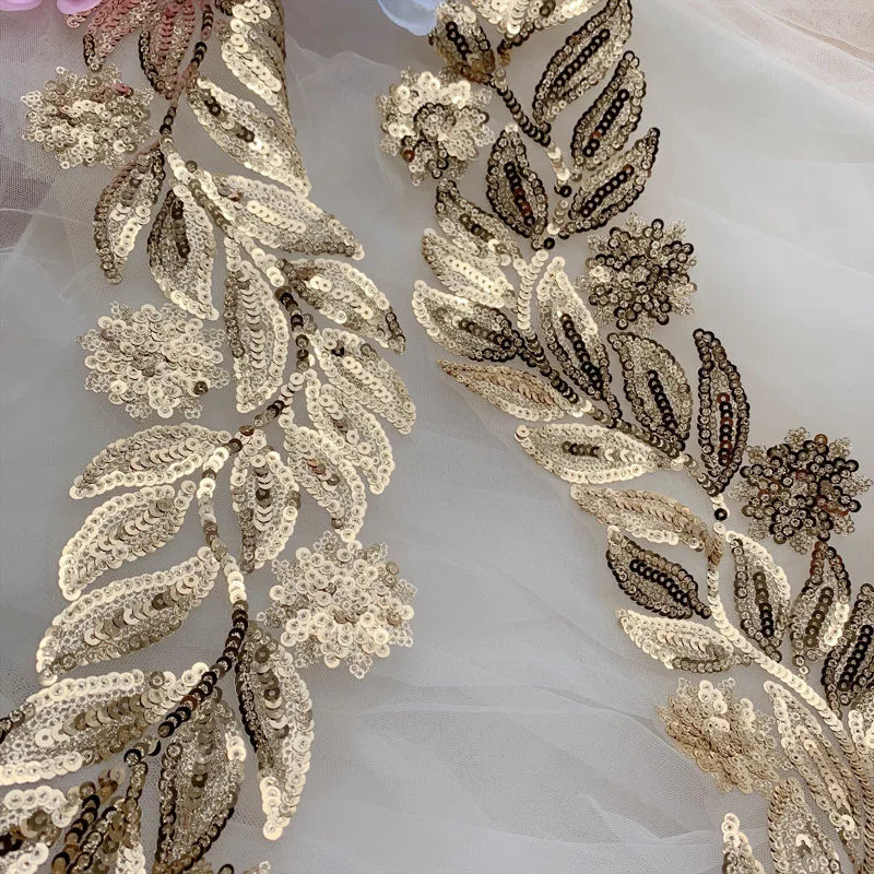 1Pc Gold Sequin Flower Lace Applique Motif Embroidery Patch For Dance Costume Craft Size 130*12cm