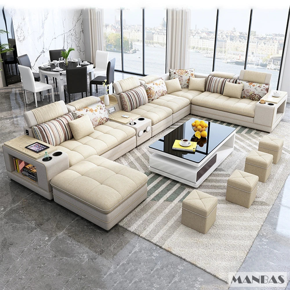 Modern U-Shaped Fabric Couch with Stools, Sectional Sofa Set with Storage Console & Cup Holder, Modular Corner Sofa with Pillows