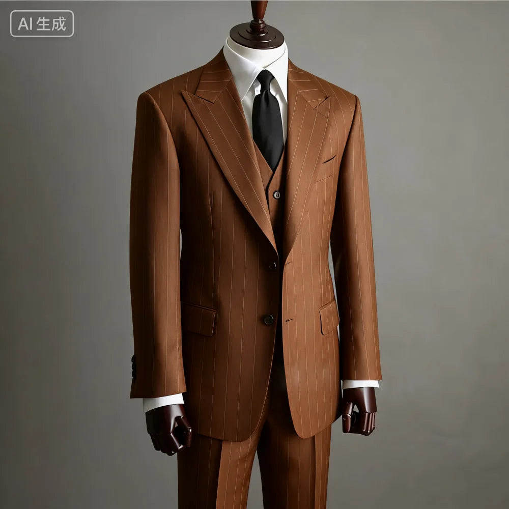 Elegant Men's Wedding Suit Brown Striped Formal Office Wedding Groom 3-Piece Blazer Vest Pants Set for Business Office