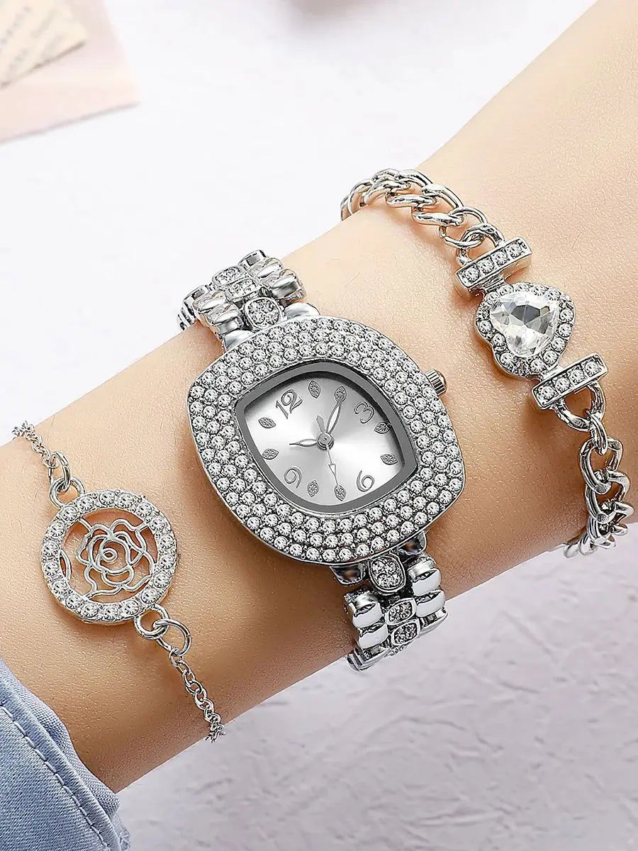 Luxury Silver Rhinestone Watch & Jewelry Set - Square Crystal-Encrusted Dial Watch, Rose & Heart Charm Bracelets, Elegant Access