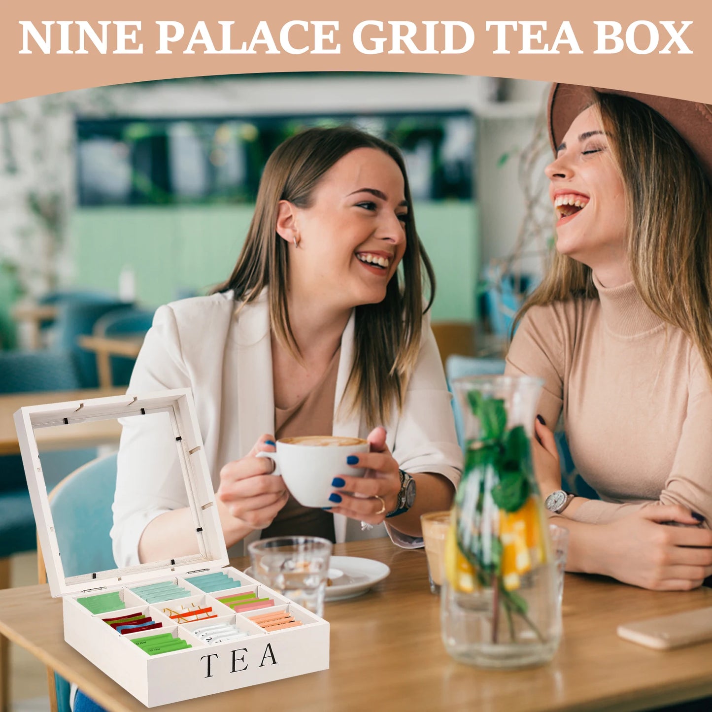 Grids Wooden Tea Bag Holder Sugar Packets Spice Pouches Storage Case Instant Coffee Bag Boxes With Clear Lid Tea Bag Organizer