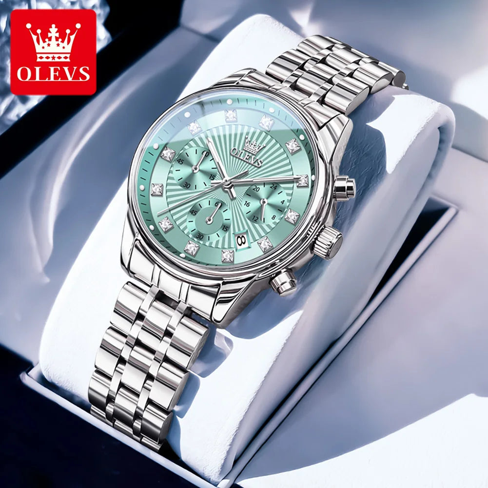 OLEVS 3669 Original Chronograph Quartz Wristwatch for Lady Calendar Waterproof Steel Strap Elegant Dress Women's Watches