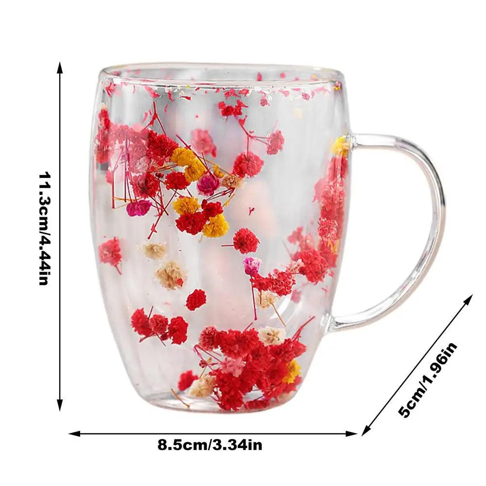 Insulated Layer Flowers Coffee Cup Double Walled Glass Coffee Mug Handle Anti-Scald Glass Mugs Dried Flowers Heat Insulation cup
