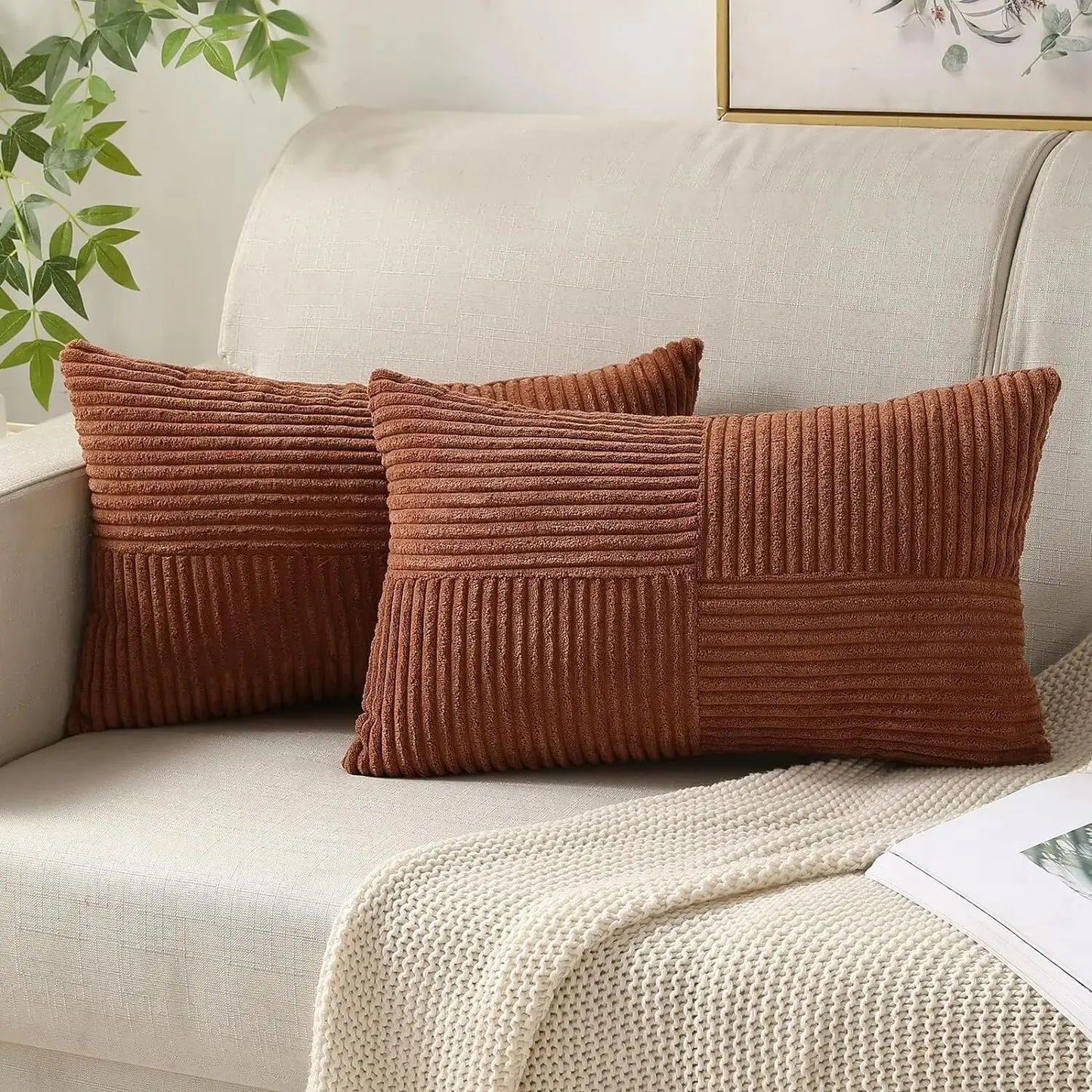 Textured Striped Patchwork Corduroy Throw Pillowcase for Lumbar Pillow Covers 12x20 Inches Cushion Cases Farmhouse Boho Decor