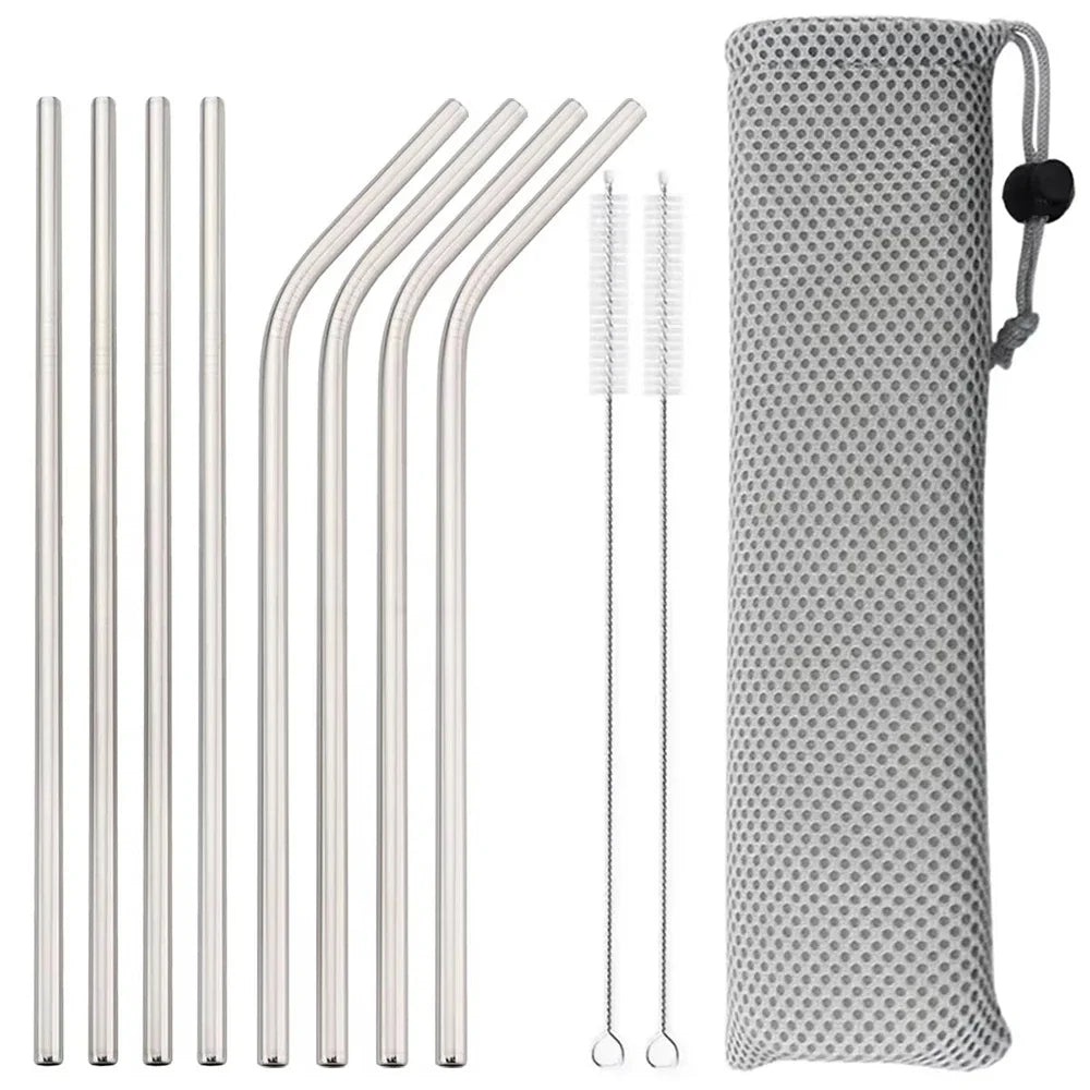 11Pcs Reusable Black Straw Set 304 Stainless Steel Straw Straight Bent Drinking Straw With Cleaning Brush Home Bar Accessory