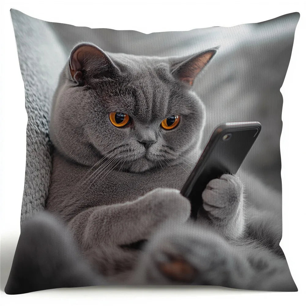 Pillow Case Shorthaired Silvery Grey Cat On Armchair with Phone Throw Pillow Covers Fashion Pillowcase 45x45cm Home Decor
