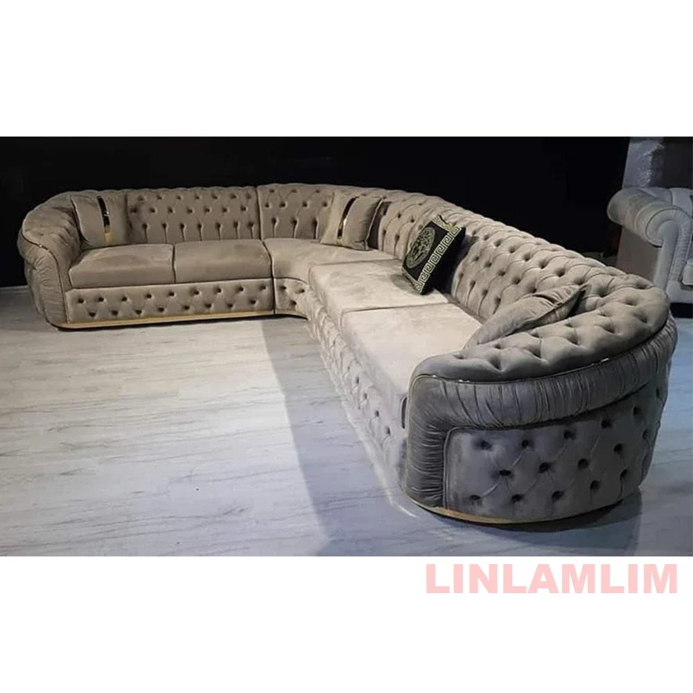 Luxury Chesterfield Sectional Sofa Set with Cloth Buttons and Fabric Modular Couch with Gold Stainless Steel Base, 3-seater Sofa