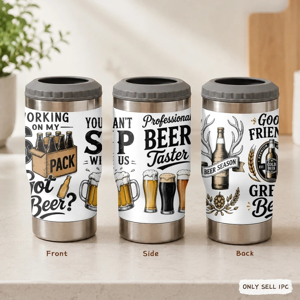 Funny Beer Quotes Vacuum Flasks 4-in-1 Stainless Steel Can Cooler Insulated Beer Soda Coffee Holder Dual Lids Fits 12oz