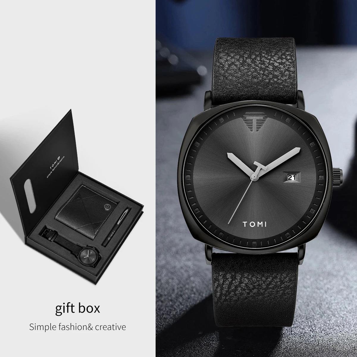 TOMI 3PCS Simple Business Men Watch Wallet Gift Box Set High Quality Classic Versatile Men Quartz Watch Clock Gifts Reloj