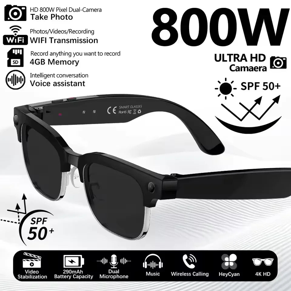 2026 Newest 8MP AI Smart Glasses 1080P HD Camera Video Recording 32GB 120+ Languages Translation Bluetooth Call Music Sunglasses