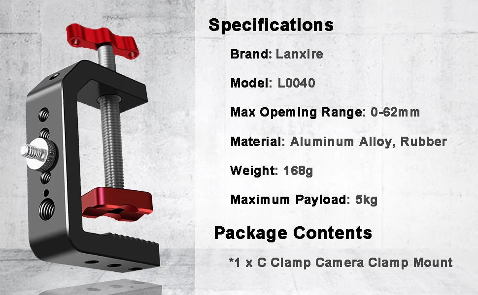 Lanxire C Clamp Camera Clamp Mount with 1/4’’ and 3/8’’ Threaded Holes - 2.44 Inch Jaw Opening - Max Load 12lb/5kg