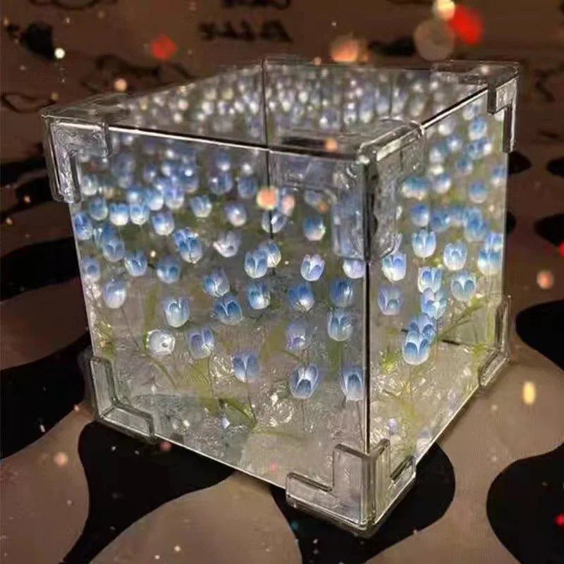DIY 3D Cloud Tulip LED Night Light Flower Sea Mirror Table Lamps Cube Mirror Atmosphere Night Light Bedroom Decor Table Lamp