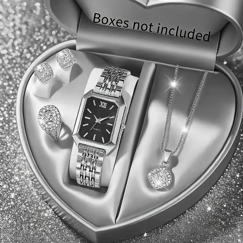 5PCS/Set Elegant Rectangle Women Watches Fashion Roma Dial Ladies Quartz Wristwatch Rhinestone Jewelry Set(Without Box)