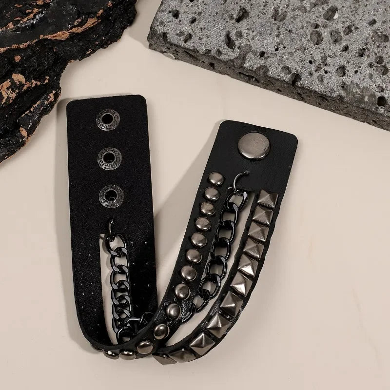 Punk Dark PU Bracelet For Women Men Hip Hop Rock Chain Multi Layered Bracelet Trend Retro Gothic Jewelry Dancer Accessories