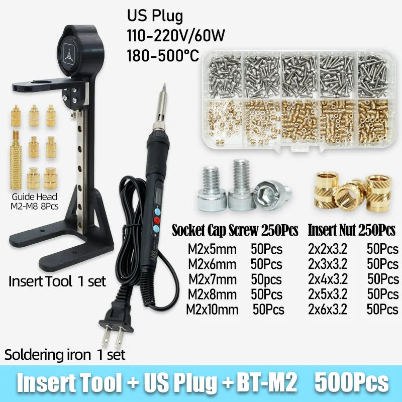 Heat Set Insert Nut Press Tool Brass Soldering Iron Tip Thread Injection Embedded Nuts and Stainless Steel Hex Socket Screw Kit