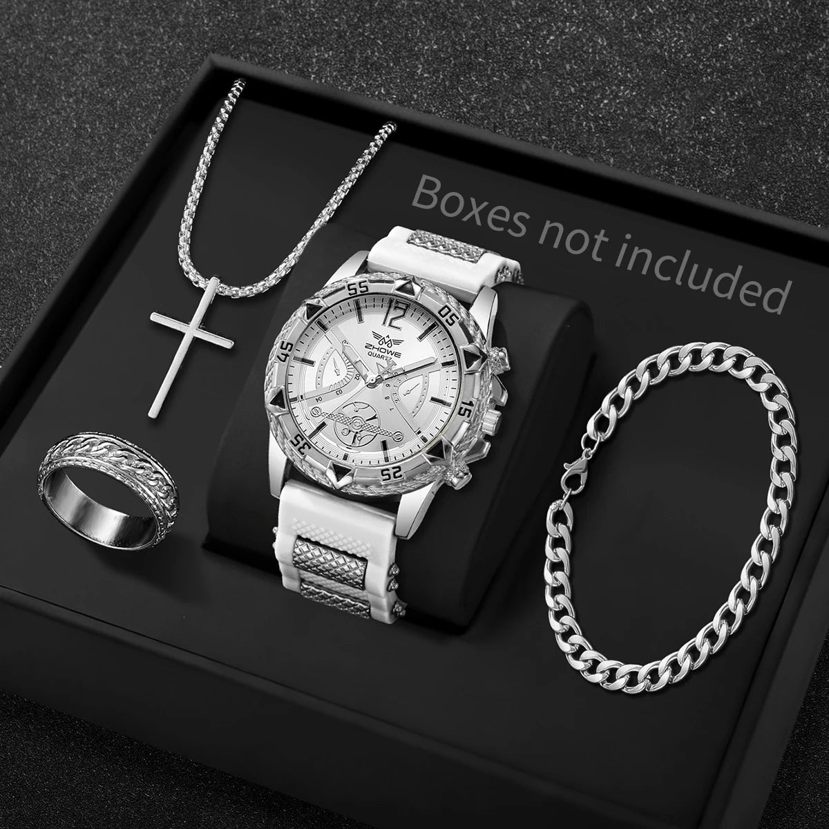 4PCS/Set Fashion Silicone Strap Men Quartz Wristwatch Male Arabic Dial Watch With Jewelry Set Reloj Hombre (Without Box)