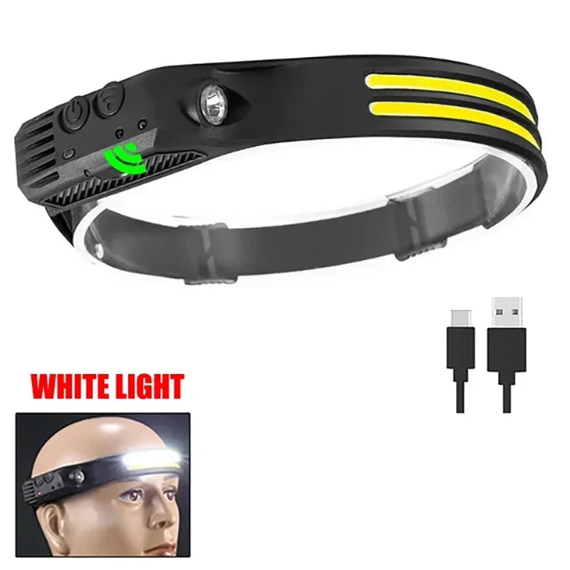 Czołówka USB, ładowalna, indukcyjna, z czujnikiem COB LED, wbudowana bateria, latarka, 5 trybów świecenia, reflektor