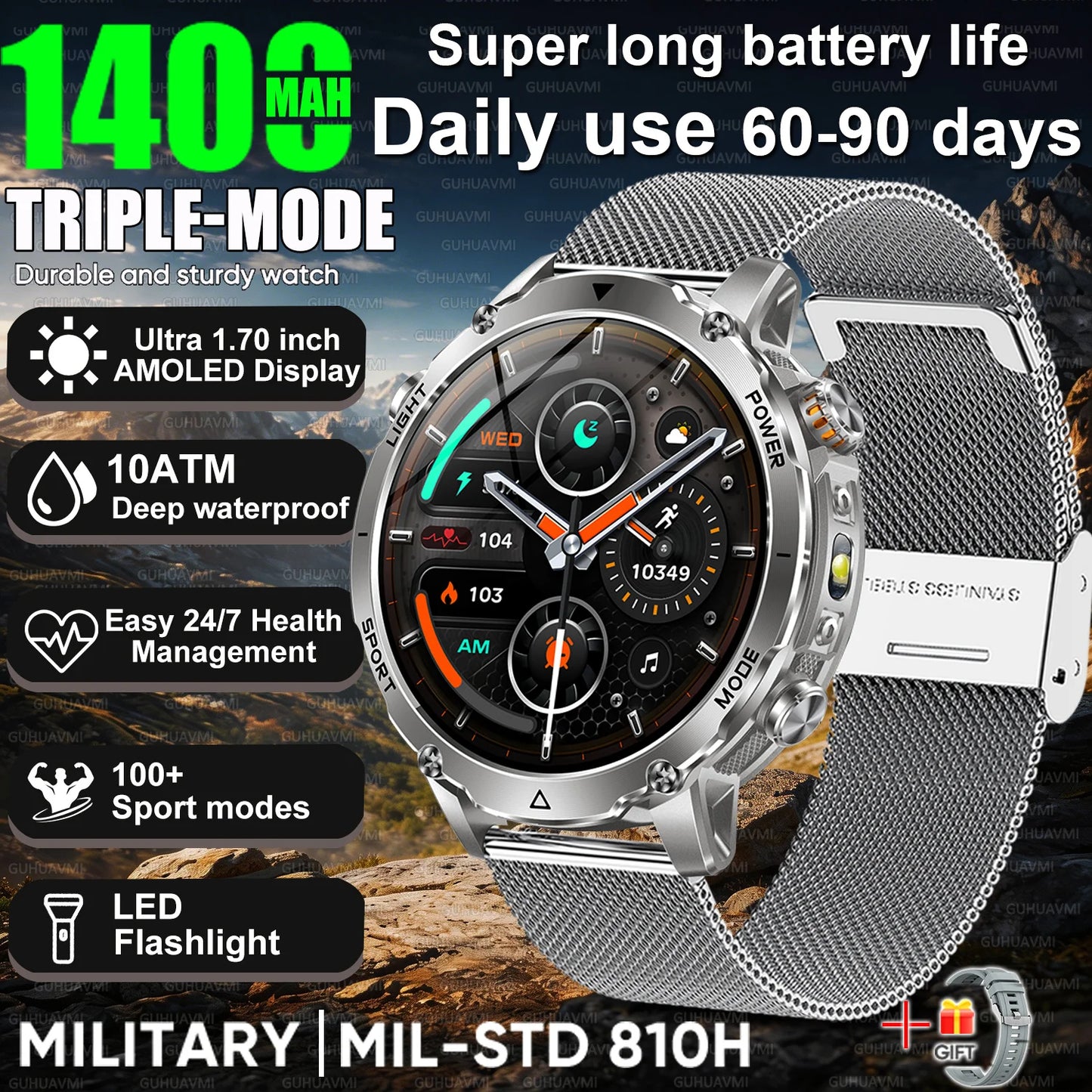 2026 Nowy Wojskowy CZOŁG Smartwatch Połączenia Bluetooth Wodoodporność 10ATM Bateria 1400mAh Monitorowanie Tętna Zegarek Sportowy Outdoor Męski